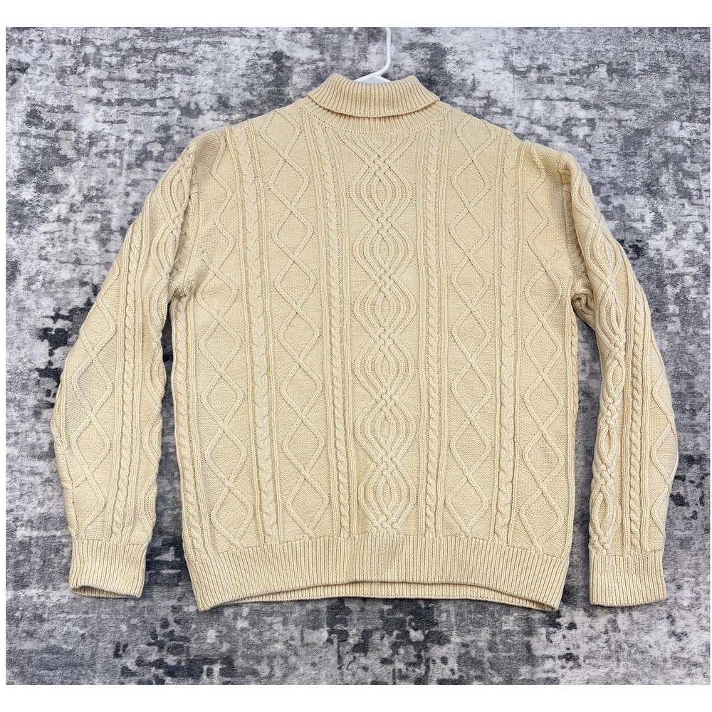 Vintage Scandia Woods Sweater Med Pale Yellow Cream Cable Knit Turtleneck Cotton